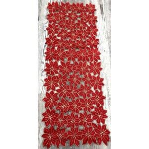 Red Poinsettia Table Runner Embroidered Cutwork Xmas Decor 35" x 13.5"